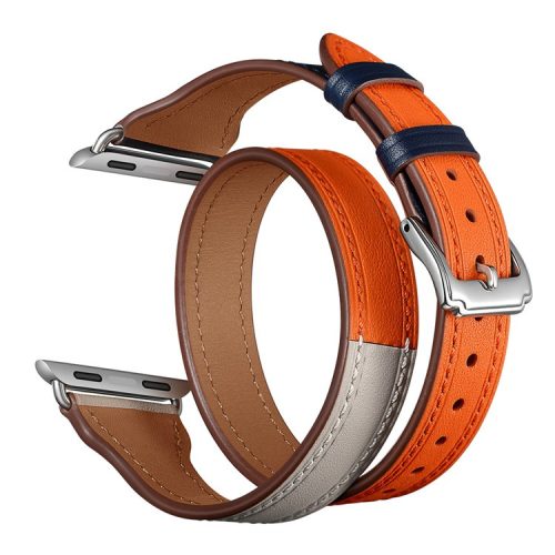 Bi-Colored Dual-Circle Design Genuine Leather Replacement Watch Strap for Apple Watch Series 10 46mm / Ultra 2 Ultra 49mm / 9 8 7 45mm / SE (2023) SE (2022) SE 6 5 4 44mm / 3 2 1 42mm - Orange+Dark Blue+White