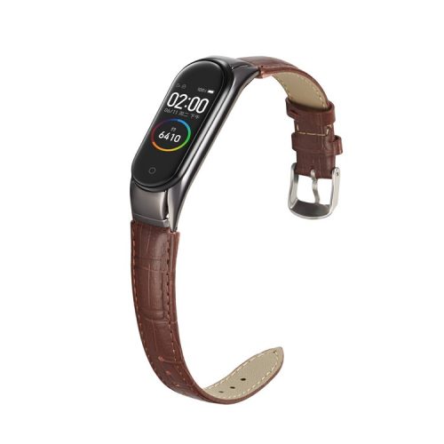 Crocodile Texture Genuine Leather Watch Strap for Xiaomi Mi Band 3 / Mi Smart Band 4 - Brown