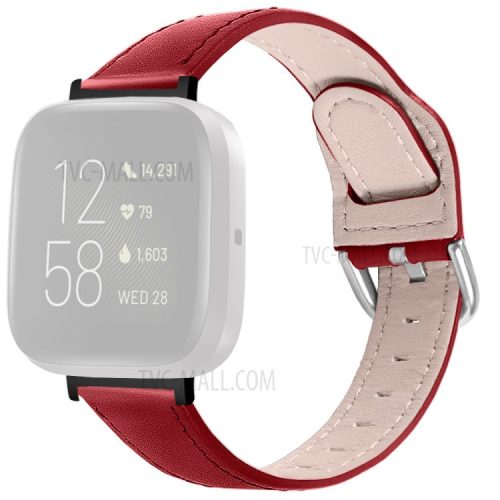 22.5mm Top Layer Genuine Leather Watch Band for Fitbit Versa 3/Sense, Adjustable Buckle Wrist Strap - Red