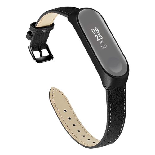 Quality Genuine Leather Watch Band Strap [Black Frame] for Xiaomi Mi Band 5 - Black