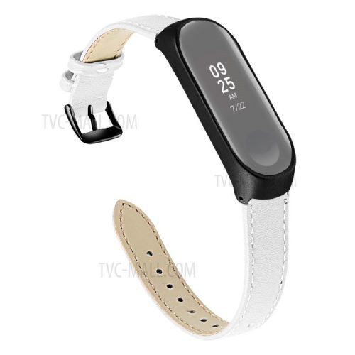 Quality Genuine Leather Watch Band Strap [Black Frame] for Xiaomi Mi Band 5 - White