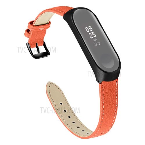 Quality Genuine Leather Watch Band Strap [Black Frame] for Xiaomi Mi Band 5 - Orange