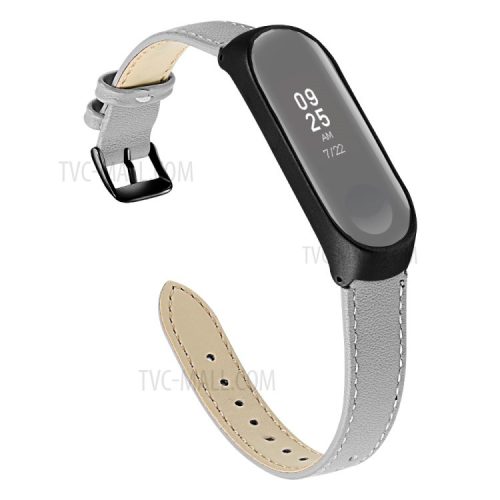 Quality Genuine Leather Watch Band Strap [Black Frame] for Xiaomi Mi Band 5 - Grey