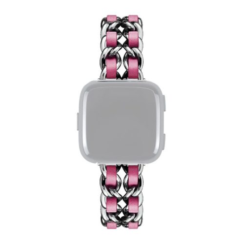 PU Leather + Metal Watch Band for Fitbit Versa 3 - Silver/Rose