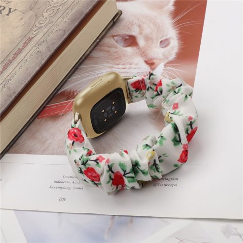 Hair Band Printed Fabric Watch Band for Fitbit Versa 3/Sense - White/Red Flowers