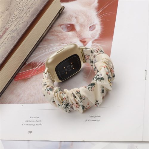 Hair Band Printed Fabric Watch Band for Fitbit Versa 3/Sense - Milk White/Flowers