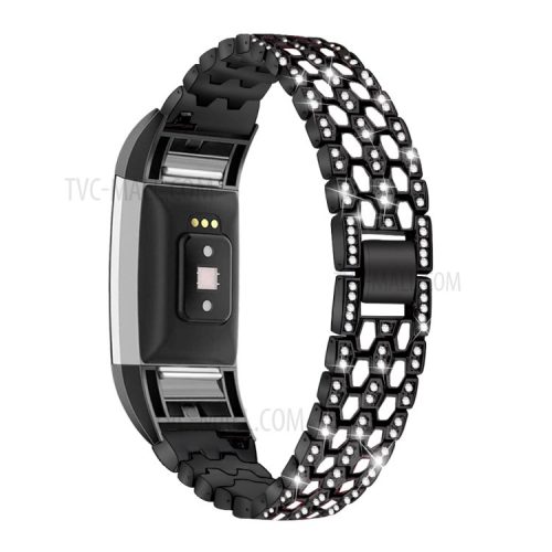 Rhinestone Decor Zinc Alloy Smart Watch Band Strap Replacement for Fitbit Charge 2 - Black