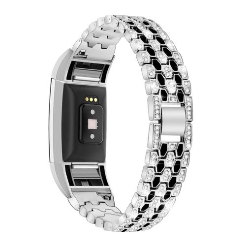 Rhinestone Decor Zinc Alloy Smart Watch Band Strap Replacement for Fitbit Charge 2 - Silver/Black