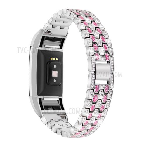 Rhinestone Decor Zinc Alloy Smart Watch Band Strap Replacement for Fitbit Charge 2 - Silver/Rose