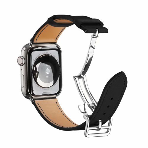 Folding Buckle Genuine Leather Smart Watch Strap [Silver Buckle]  for Apple Watch Ultra 49mm / Ultra 2 49mm / Series 9 45mm / SE (2023) 44mm / Series 8 / 7 45mm / Series 6 / SE / SE (2022) / 5 / 4 44mm / Series 1 / 2 / 3 42mm - Black