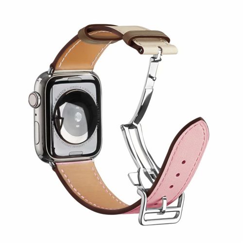 Folding Buckle Genuine Leather Smart Watch Strap [Silver Buckle] for Apple Watch Ultra 49mm / Ultra 2 49mm / Series 9 45mm / SE (2023) 44mm / Series 8 / 7 45mm / Series 6 / SE / SE (2022) / 5 / 4 44mm / Series 1 / 2 / 3 42mm - Pink / White