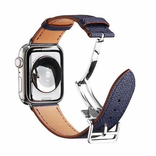 Folding Buckle Genuine Leather Smart Watch Strap [Silver Buckle] for Apple Watch Ultra 49mm / Ultra 2 49mm / Series 9 45mm / SE (2023) 44mm / Series 8 / 7 45mm / Series 6 / SE / SE (2022) / 5 / 4 44mm / Series 1 / 2 / 3 42mm - Dark Blue