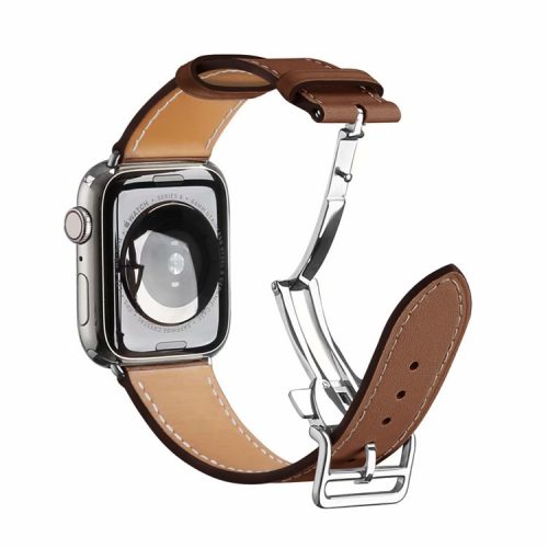 Folding Buckle Genuine Leather Smart Watch Strap [Silver Buckle] for Apple Watch Ultra 49mm / Ultra 2 49mm / Series 9 45mm / SE (2023) 44mm / Series 8 / 7 45mm / Series 6 / SE / SE (2022) / 5 / 4 44mm / Series 1 / 2 / 3 42mm - Brown