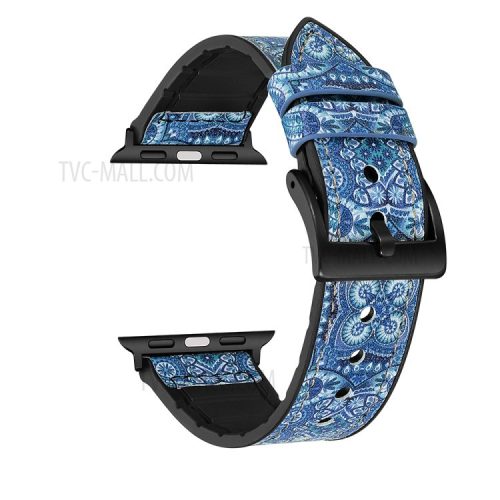 Color PU Leather + Silicone Watch Strap for Apple Watch Series 10 42mm / 9 8 7 41mm / 6 5 4 SE SE (2022) SE (2023) 40mm / 3 2 1 38mm - Blue Flower Pattern