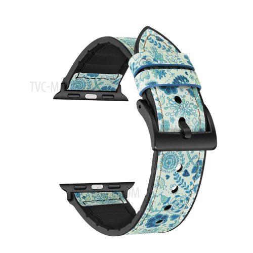 Color PU Leather + Silicone Watch Strap for Apple Watch Series 10 42mm / 9 8 7 41mm / 6 5 4 SE SE (2022) SE (2023) 40mm / 3 2 1 38mm - Cyan Flower Pattern