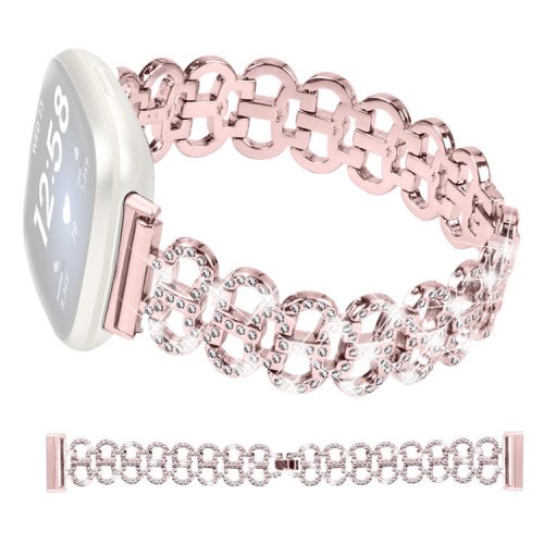 For Fitbit Versa 4 / Sense 2 Gourd Shape Watch Band Rhinestones Decoration Alloy Strap - Pink