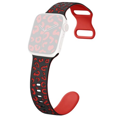 For Apple Watch 10 46mm / Ultra 2 / Ultra 49mm / 9 8 7 45mm / SE (2023) SE (2022) SE 6 5 4 44mm / 3 2 1 42mm Leopard Silicone Strap - Black+Red