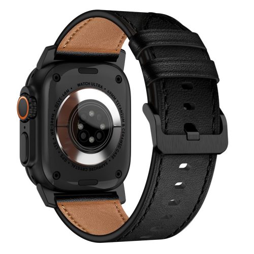 For Apple Watch 10 46mm / Ultra 2 / Ultra 49mm / 9 8 7 45mm / SE (2023) SE (2022) SE 6 5 4 44mm / 3 2 1 42mm Genuine Cow Leather Band - Black Connector+Black