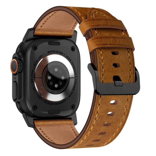 For Apple Watch 10 46mm / Ultra 2 / Ultra 49mm / 9 8 7 45mm / SE (2023) SE (2022) SE 6 5 4 44mm / 3 2 1 42mm Genuine Cow Leather Band - Black Connector+Red Brown