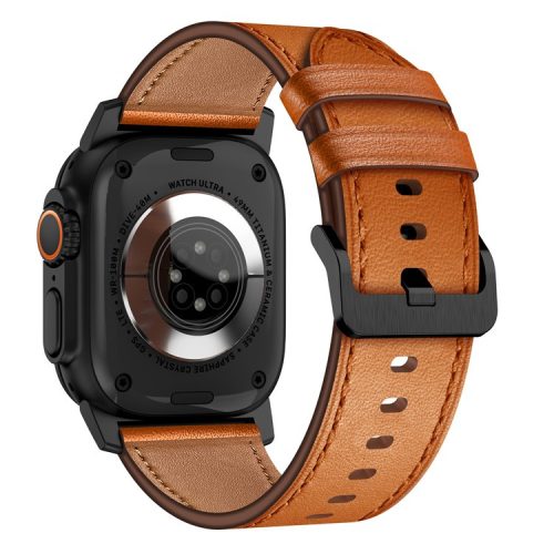 For Apple Watch 10 46mm / Ultra 2 / Ultra 49mm / 9 8 7 45mm / SE (2023) SE (2022) SE 6 5 4 44mm / 3 2 1 42mm Genuine Cow Leather Band - Black Connector+Brown