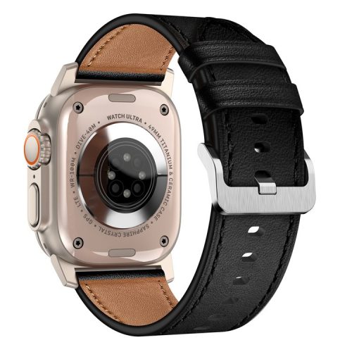 For Apple Watch 10 46mm / Ultra 2 / Ultra 49mm / 9 8 7 45mm / SE (2023) SE (2022) SE 6 5 4 44mm / 3 2 1 42mm Genuine Cow Leather Band - Titanium Connector+Black