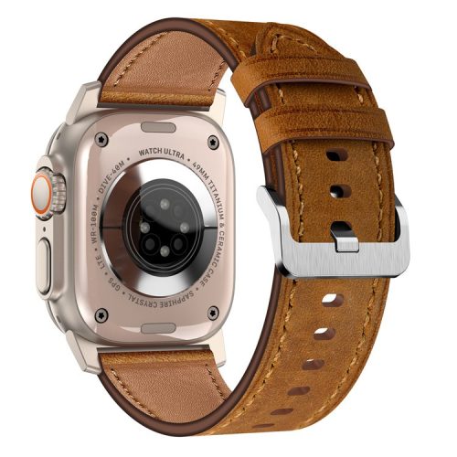 For Apple Watch 10 46mm / Ultra 2 / Ultra 49mm / 9 8 7 45mm / SE (2023) SE (2022) SE 6 5 4 44mm / 3 2 1 42mm Genuine Cow Leather Band - Titanium Connector+Red Brown