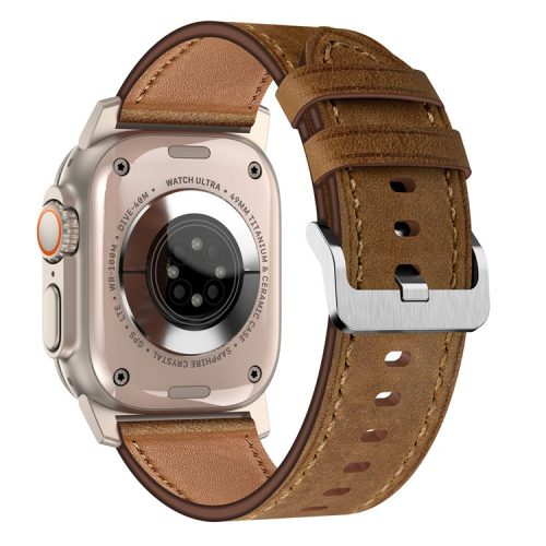 For Apple Watch 10 46mm / Ultra 2 / Ultra 49mm / 9 8 7 45mm / SE (2023) SE (2022) SE 6 5 4 44mm / 3 2 1 42mm Genuine Cow Leather Band - Titanium Connector+Dark Brown