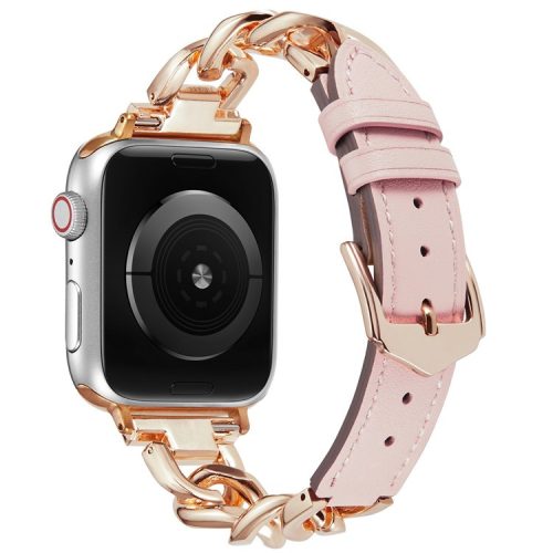 Watch Strap for Apple Watch Series 10 42mm / 9 8 7 41mm / SE (2023) SE (2022) SE 6 5 4 40mm / 3 2 1 38mm Zinc Alloy+Cowhide Wrist Band - Pink+Rose Gold