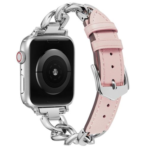 Watch Strap for Apple Watch Series 10 42mm / 9 8 7 41mm / SE (2023) SE (2022) SE 6 5 4 40mm / 3 2 1 38mm Zinc Alloy+Cowhide Wrist Band - Pink+Silver