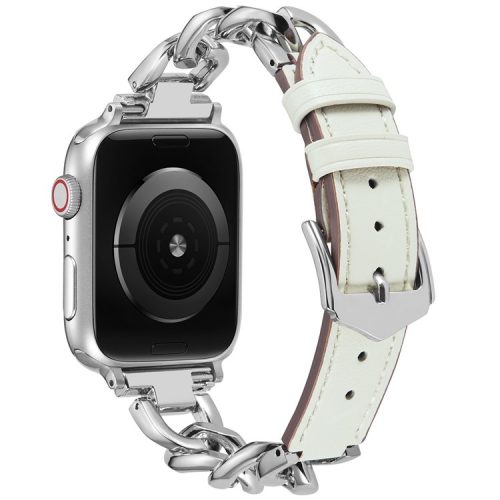 Watch Strap for Apple Watch Series 10 42mm / 9 8 7 41mm / SE (2023) SE (2022) SE 6 5 4 40mm / 3 2 1 38mm Zinc Alloy+Cowhide Wrist Band - White