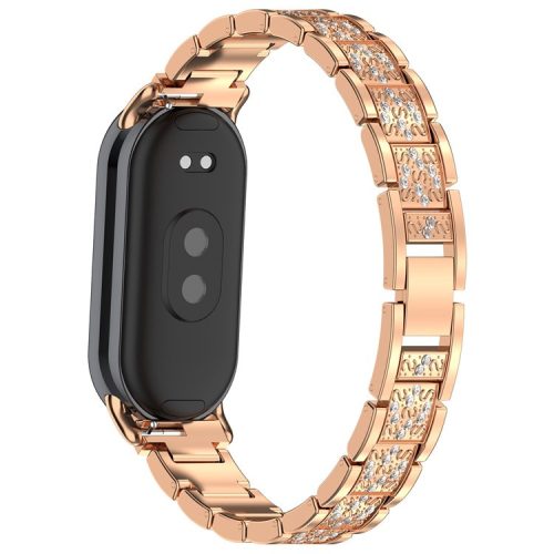 For Xiaomi Mi Band 9 / 9 NFC / Smart Band 8 / 8 NFC Watch Strap Rhinestone Decor 3-Bead Stainless Steel Band - Rose Gold