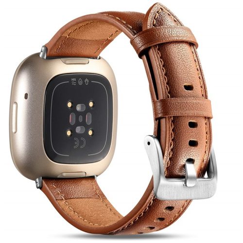 For Fitbit Versa 4 / Fitbit Sense 2 Watch Strap Genuine Cow Leather Wrist Band - Brown