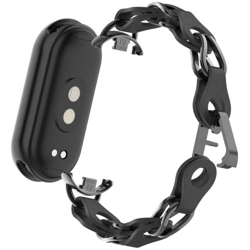 For Xiaomi Mi Band 9  /  Smart Band 8 Watch Band Fashion Hollow Out Zinc Alloy + Leather Chain Strap - Black