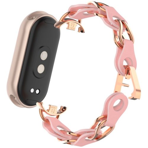 For Xiaomi Mi Band 9  /  Smart Band 8 Watch Band Fashion Hollow Out Zinc Alloy + Leather Chain Strap - Pink