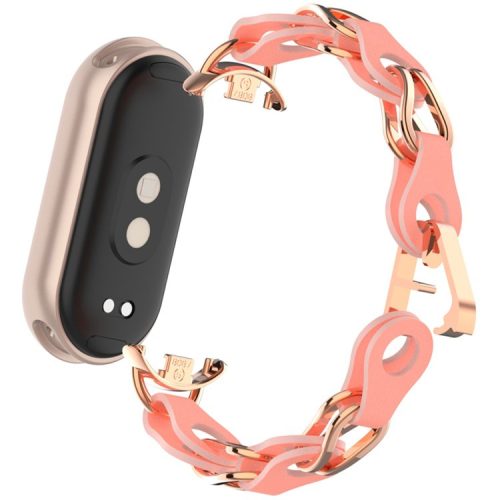 For Xiaomi Mi Band 9  /  Smart Band 8 Watch Band Fashion Hollow Out Zinc Alloy + Leather Chain Strap - Peach Red