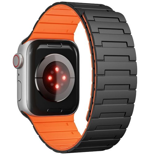 For Apple Watch 10 46mm / Ultra 2 / Ultra 49mm / 9 8 7 45mm / SE (2023) SE (2022) SE 6 5 4 44mm / 3 2 1 42mm Magnetic Silicone Watch Strap - Black+Orange