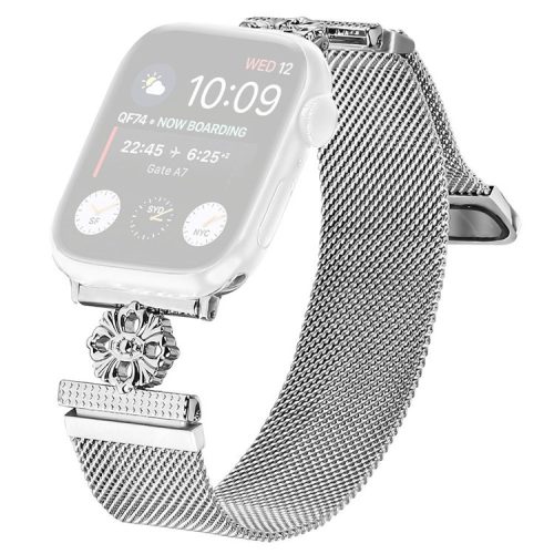 For Apple Watch 10 46mm / Ultra 2 / Ultra 49mm / 9 8 7 45mm / SE (2023) SE (2022) SE 6 5 4 44mm / 3 2 1 42mm Band Flower Magnetic Mesh Watch Strap - Silver