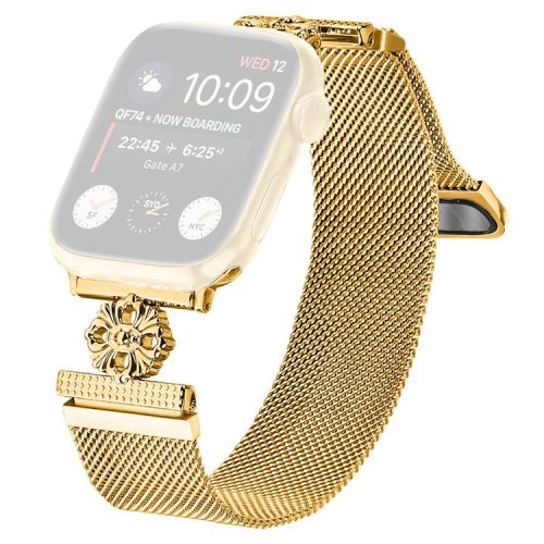 For Apple Watch 10 46mm / Ultra 2 / Ultra 49mm / 9 8 7 45mm / SE (2023) SE (2022) SE 6 5 4 44mm / 3 2 1 42mm Band Flower Magnetic Mesh Watch Strap - Gold