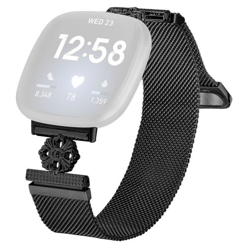 For Fitbit Versa 3 / Sense Milanese Band Flower Stainless Steel Magnetic Mesh Watch Strap - Black