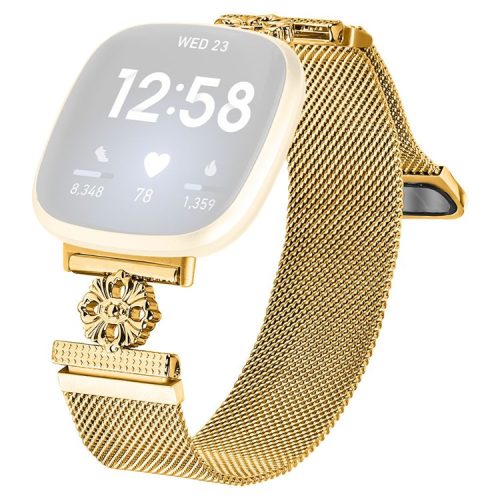 For Fitbit Versa 3 / Sense Milanese Band Flower Stainless Steel Magnetic Mesh Watch Strap - Gold