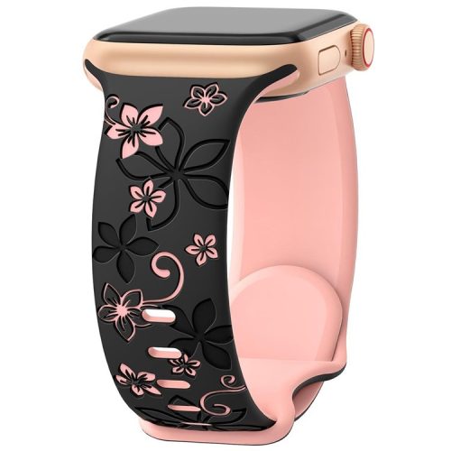 For Apple Watch 10 42mm / 9 8 7 41mm / SE (2023) SE (2022) SE 6 5 4 40mm / 3 2 1 38mm Silicone Flower Pattern Band - Black  /  Pink