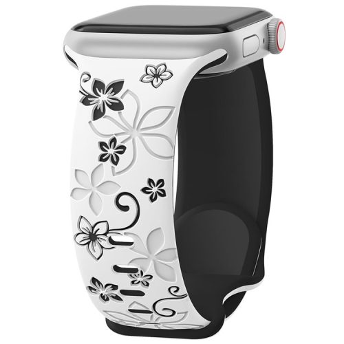 For Apple Watch 10 42mm / 9 8 7 41mm / SE (2023) SE (2022) SE 6 5 4 40mm / 3 2 1 38mm Silicone Flower Pattern Band - White  /  Black