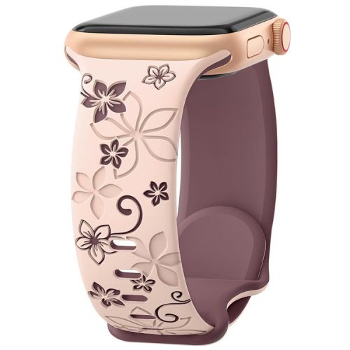 For Apple Watch 10 42mm / 9 8 7 41mm / SE (2023) SE (2022) SE 6 5 4 40mm / 3 2 1 38mm Silicone Flower Pattern Band - Pink  /  Smoke Purple