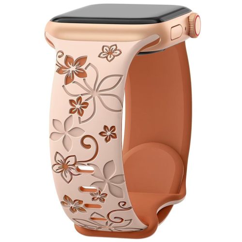 For Apple Watch 10 42mm / 9 8 7 41mm / SE (2023) SE (2022) SE 6 5 4 40mm / 3 2 1 38mm Silicone Flower Pattern Band - Pink Brown