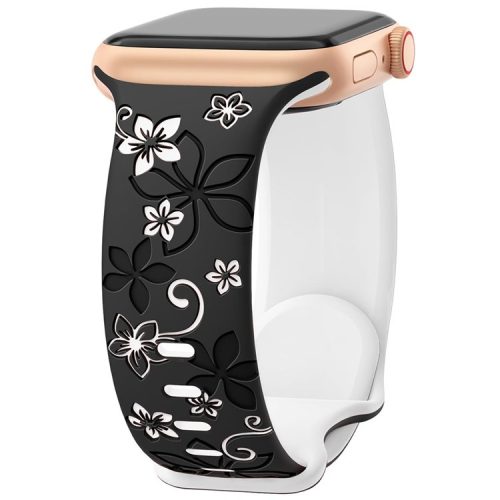 For Apple Watch 10 42mm / 9 8 7 41mm / SE (2023) SE (2022) SE 6 5 4 40mm / 3 2 1 38mm Silicone Flower Pattern Band - Black  /  White