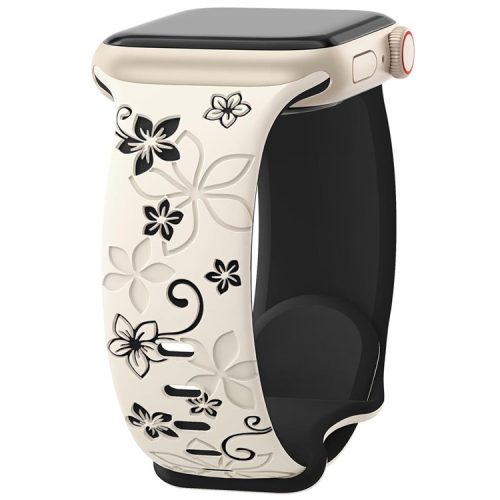 For Apple Watch 10 42mm / 9 8 7 41mm / SE (2023) SE (2022) SE 6 5 4 40mm / 3 2 1 38mm Silicone Flower Pattern Band - Starlight  /  Black