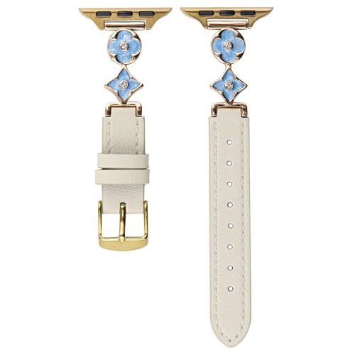 For Apple Watch 10 46mm / Ultra 2 / Ultra 49mm / 9 8 7 45mm / SE (2023) SE (2022) SE 6 5 4 44mm / 3 2 1 42mm Leather Watch Band - White  /  Blue Gold