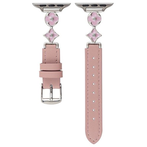 For Apple Watch 10 42mm / 9 8 7 41mm / SE (2023) SE (2022) SE 6 5 4 40mm / 3 2 1 38mm Leather Watch Band with Floral Connector - Pink / Pink Starlight