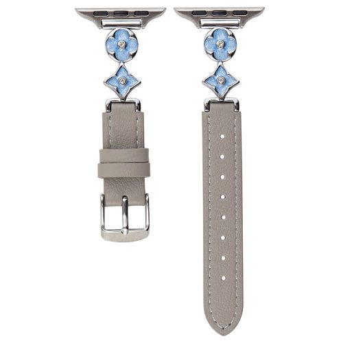 For Apple Watch 10 42mm / 9 8 7 41mm / SE (2023) SE (2022) SE 6 5 4 40mm / 3 2 1 38mm Leather Watch Band with Floral Connector - Grey / Blue Silver