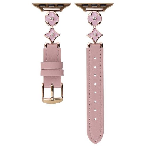 For Apple Watch 10 42mm / 9 8 7 41mm / SE (2023) SE (2022) SE 6 5 4 40mm / 3 2 1 38mm Leather Watch Band with Floral Connector - Pink / Pink Gold